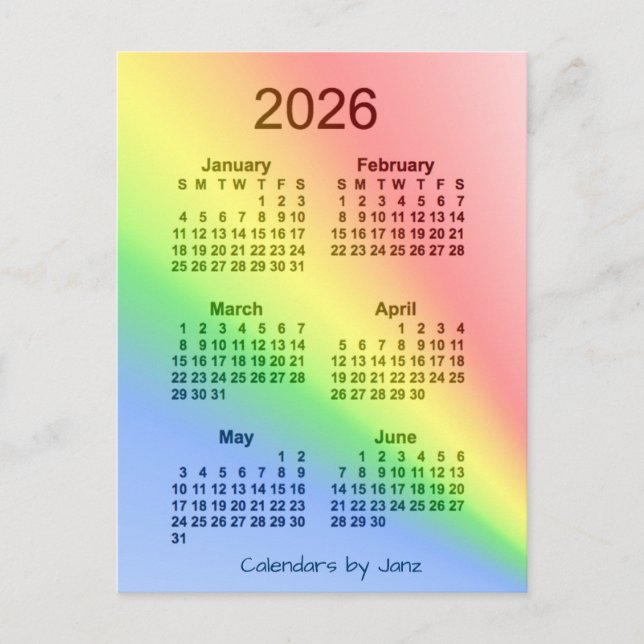2026 Rainbow 6 Month Mini Calendar by Janz Postkarte (Vorderseite)