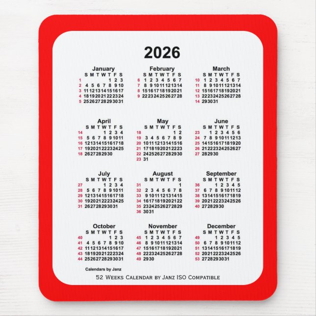 2026 Red 52 Weeks ISO Kalender von Janz Two Tone Mousepad (Vorne)