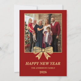 2026 Red & Gold Bow Family New Year Photo Feiertagskarte