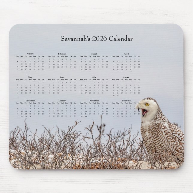 2026 Schneeeule Volljahres-Anpassbarer Kalender  Mousepad (Vorne)