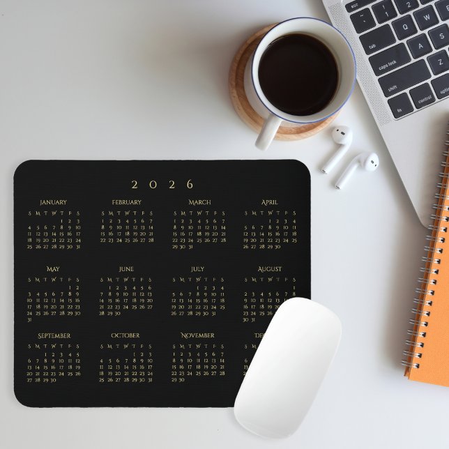 2026 Schwarz Gold Volljahreskalender Home Office Mousepad (2026 Black Gold Full Year Calendar Home Office Mouse Pad)