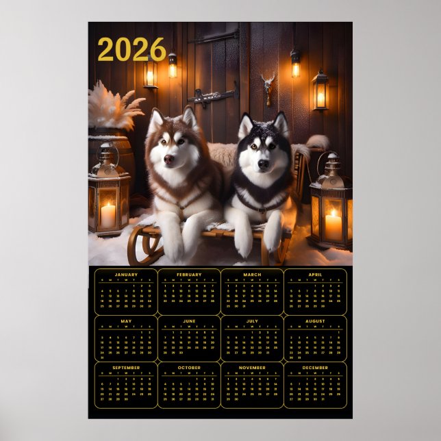 2026 Siberian Huskies on Sled Calendar Poster (Vorne)