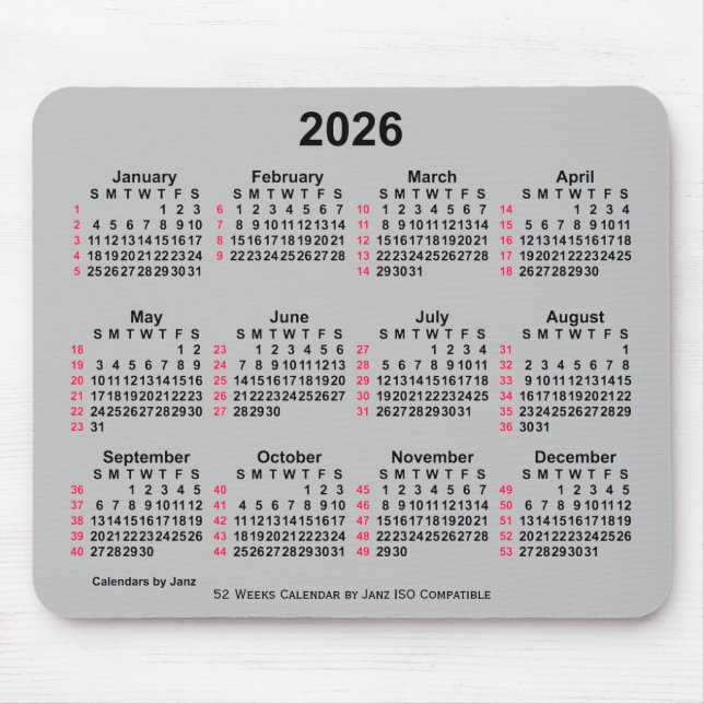 2026 Silver 52 Weeks ISO Calendar by Janz Mousepad (Vorne)