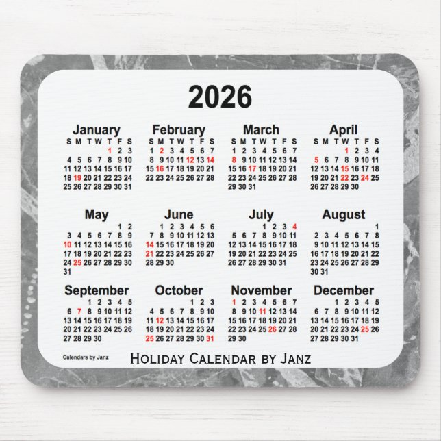 2026 Silver Holiday Art Calendar von Janz Mouse Pa Mousepad (Vorne)