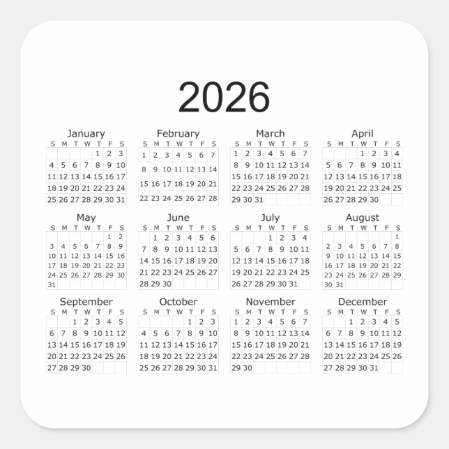 2026 Simple Minimalist Calendar Quadratischer Aufkleber (Vorderseite)