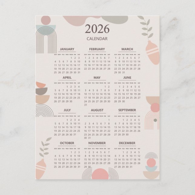 2026 Skandinavier Kalender Boho Ästhetik Beige Postkarte (Vorderseite)