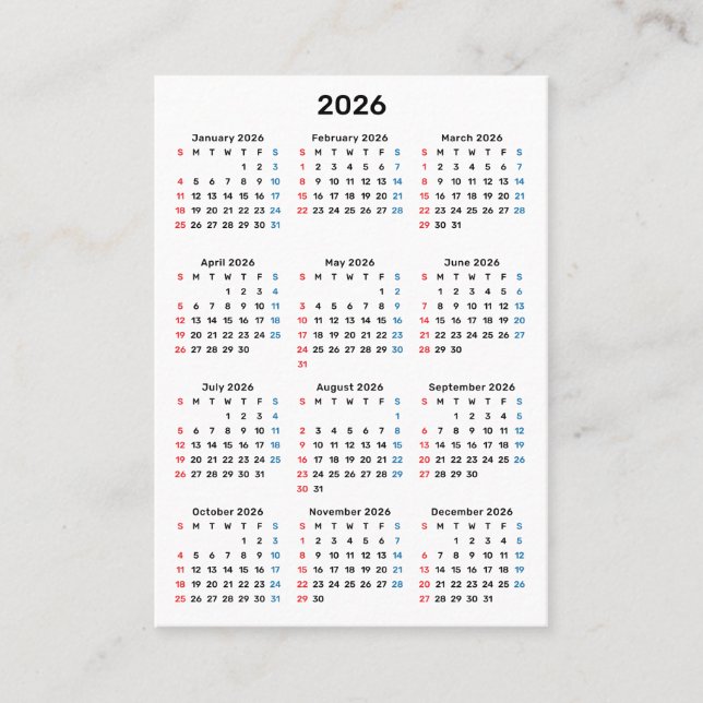 2026 Sunday Calendar Thank You Purchase Visitenkarte (Vorderseite)