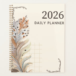 "2026 Tagesplaner"   Erdiges Feder- & Gitter-Motiv Planer