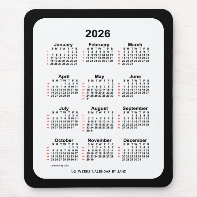 2026 Two Tone Black 52 Week Calendar von Janz Mousepad (Vorne)