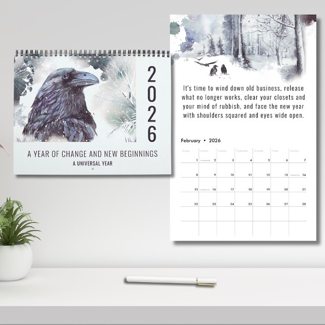 2026 Universelles Jahr des Wandels Motivierend Kalender (2026-A Year of Change and New Beginnings 12 Month Calendar - Displaying the cover and February)