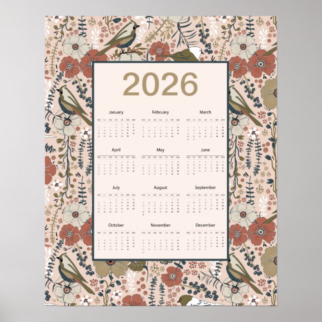 2026 Vögel Blumen Kalender Poster (Vorne)