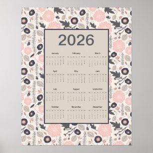 2026 Volljahreskalender Pink Grau Botanisch Poster