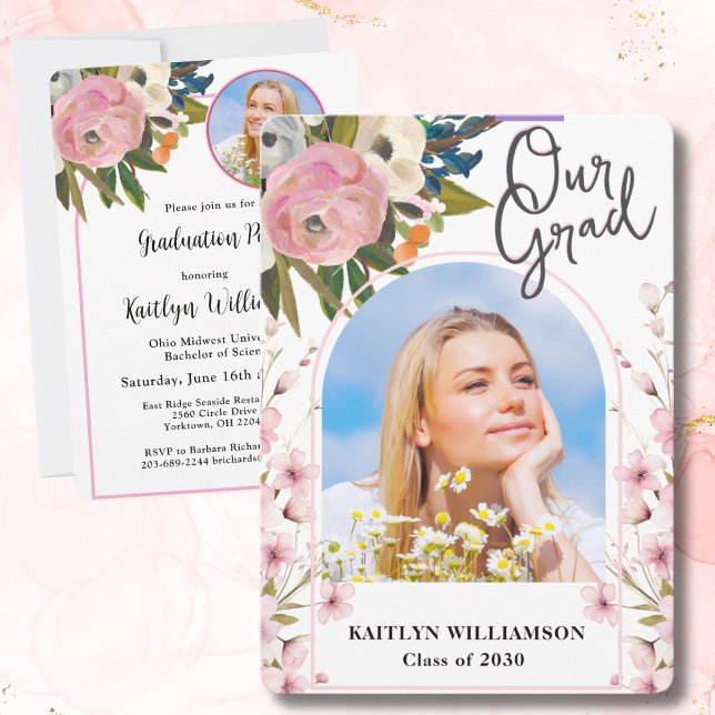 2026 Watercolor Pink Floral Photo Graduation Party Einladung (Von Creator hochgeladen)