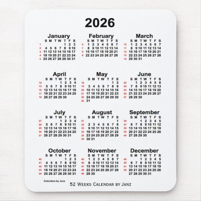 2026 Weißer 52-Wochen-Kalender von Janz Mousepad (Vorne)