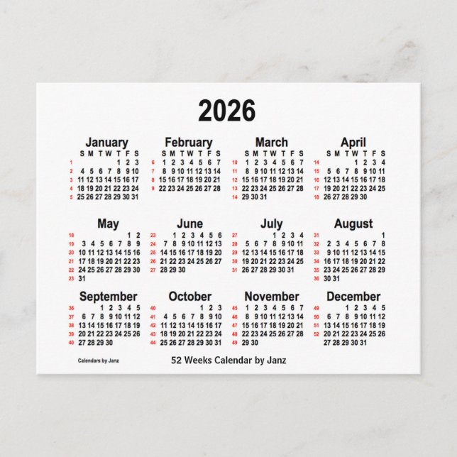 2026 Weißer 52-Wochen-Kalender von Janz Postkarte (Vorderseite)