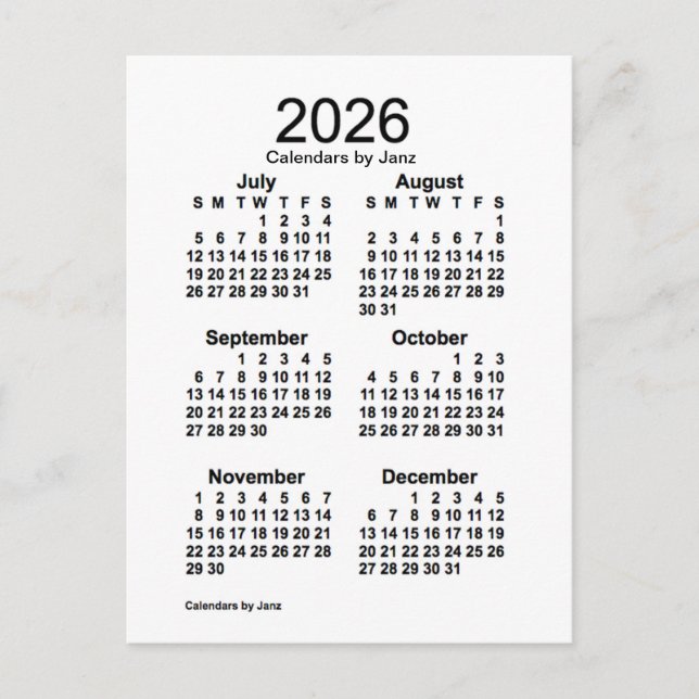 2026 Weißer 6-monatiger Mini-Kalender von Janz Postkarte (Vorderseite)