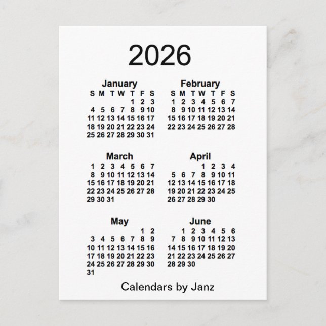 2026 Weißer 6-monatiger Mini-Kalender von Janz Postkarte (Vorderseite)