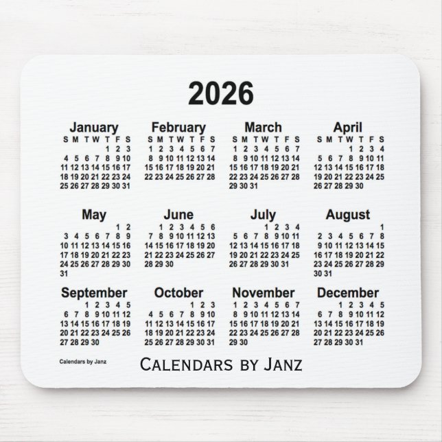 2026 Weißer Kalender von Janz Mouse Pad Mousepad (Vorne)