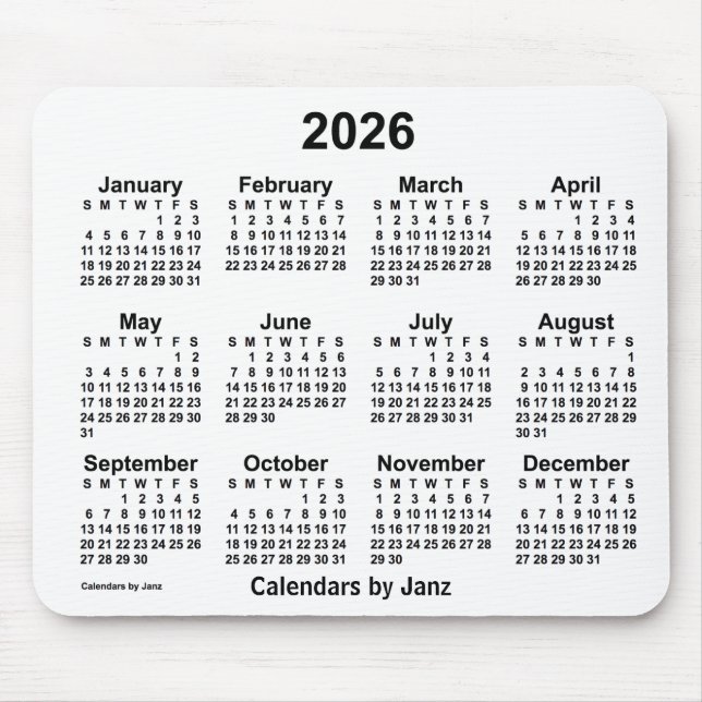 2026 Weißer Kalender von Janz Mouse Pad Mousepad (Vorne)