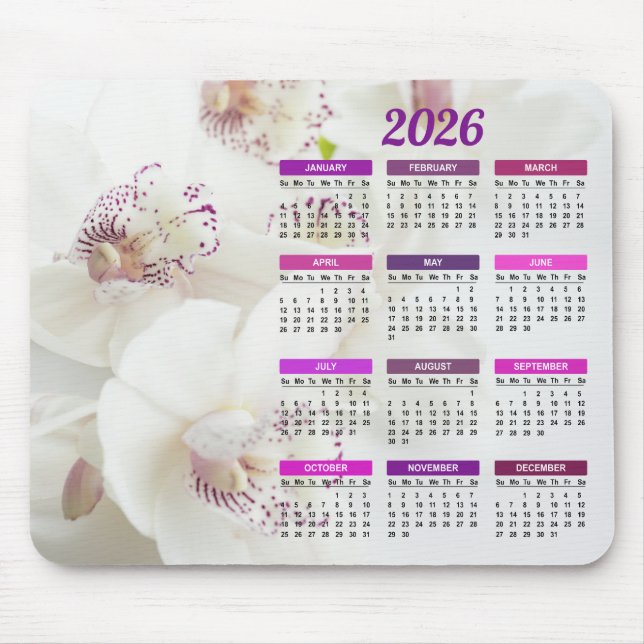 2026 Weißer und Lila Orchideenkalender Mousepad (Vorne)