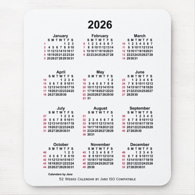 2026 White 52 Weeks ISO Calendar by Janz Mousepad (Vorne)