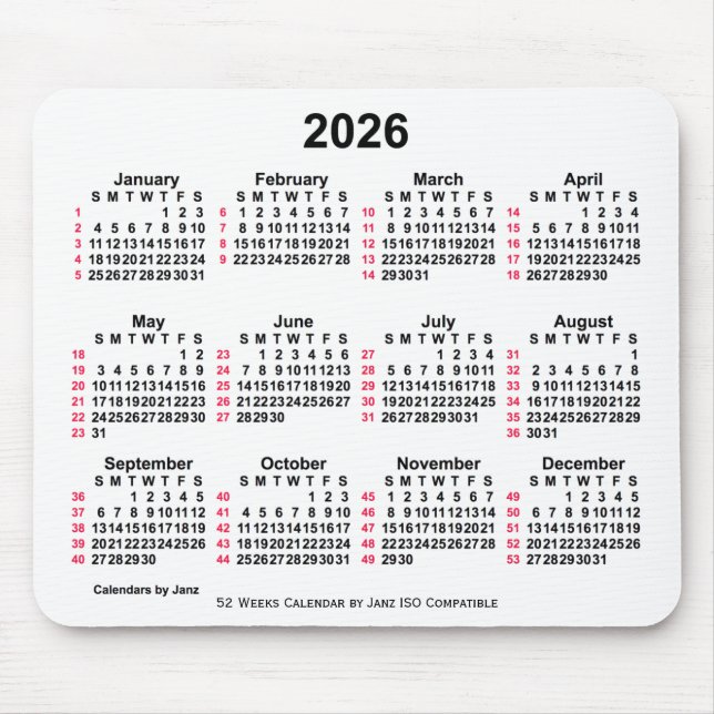 2026 White 52 Weeks ISO Calendar by Janz Mousepad (Vorne)