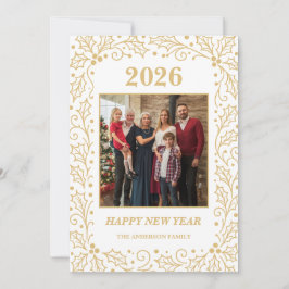 2026 White & Antique-Gold Family New Year Photo Feiertagskarte