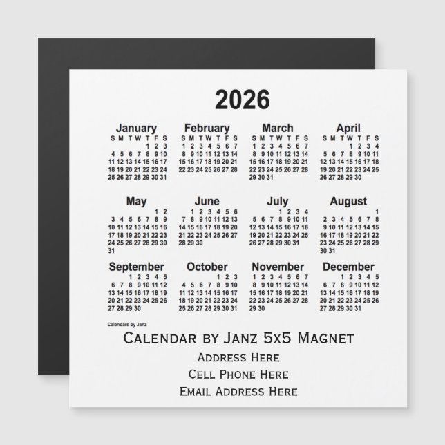 2026 White Business Calendar von Janz 5x5 Magnet (Vorne/Hinten)