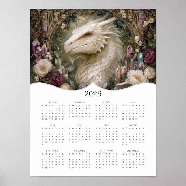 2026 White Dragon Fantasy Art Full Year Calendar Poster (Vorne)