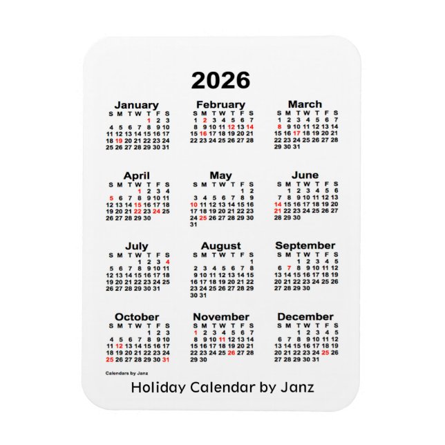 2026 White Holiday Calendar von Janz Magnet (Vertikal)