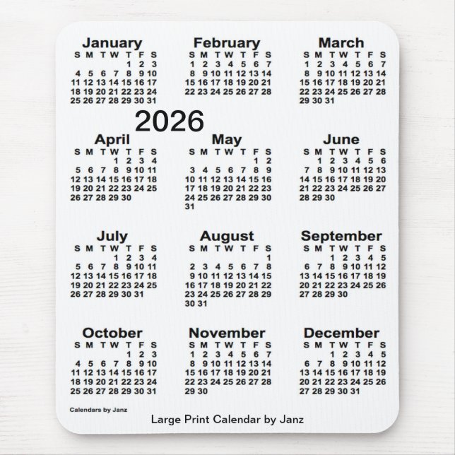 2026 White Large Print Calendar von Janz Mousepad (Vorne)