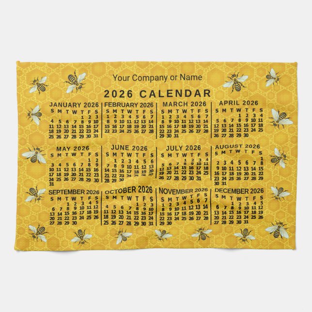 2026 Year Calendar Bee Honeycomb Apiary Custom Geschirrtuch (Horizontal)