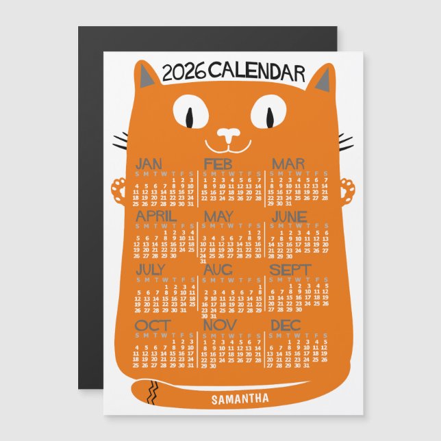 2026 Year Calendar Mid-Century Orange Cat Monthly Magneteinladung (Vorne/Hinten)