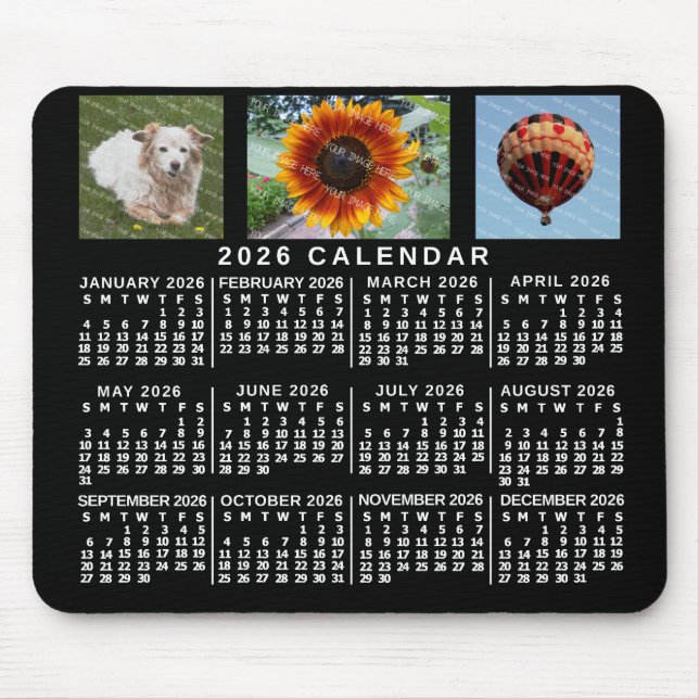2026 Year Monthly Calendar Black Custom 3 Photos Mousepad (Vorne)
