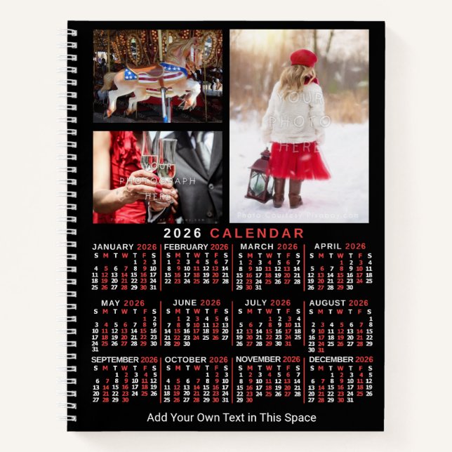 2026 Year Monthly Calendar Black Custom 9 Photos Notizbuch (Vorderseite)