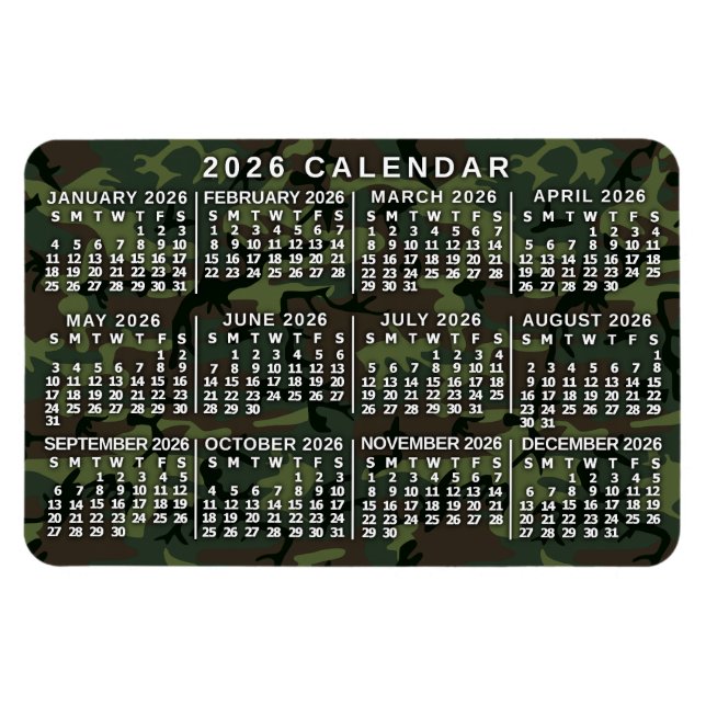 2026 Year Monthly Calendar Camouflage Camo Green Magnet (Horizontal)
