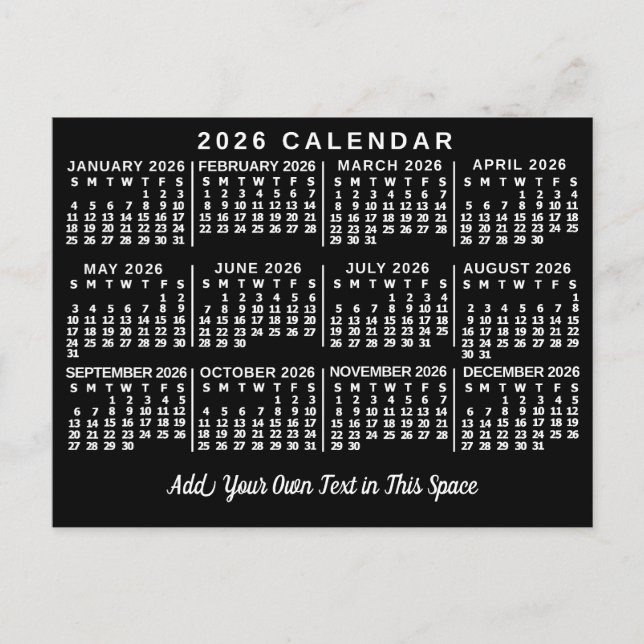 2026 Year Monthly Calendar Classic Black and White Postkarte (Vorderseite)