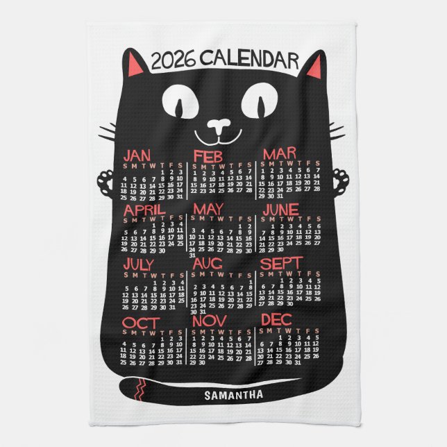 2026 Year Monthly Calendar Mid-Century Black Cat Geschirrtuch (Vertikal)