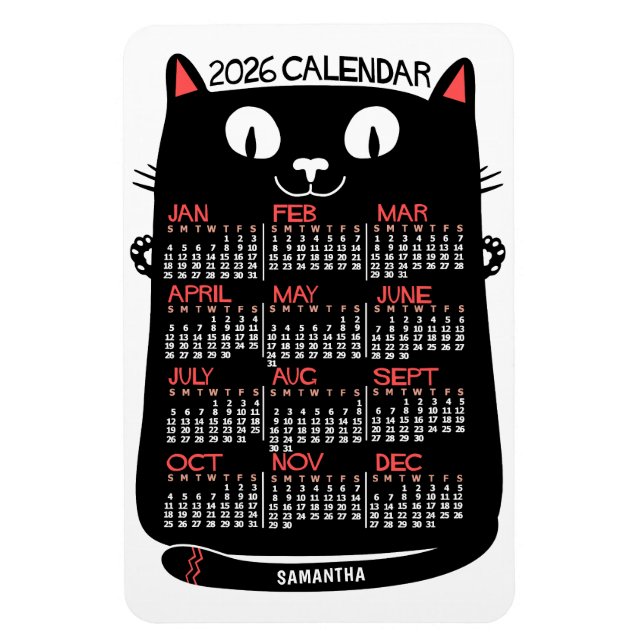 2026 Year Monthly Calendar Mid-Century Black Cat Magnet (Vertikal)