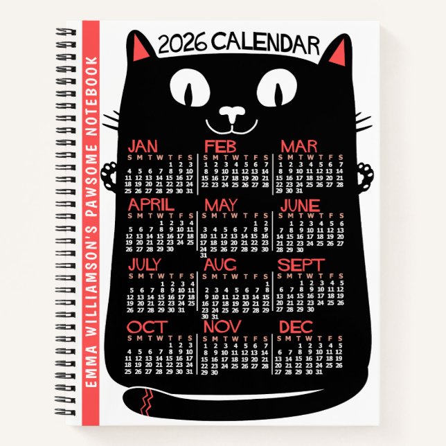 2026 Year Monthly Calendar Mid-Century Black Cat Notizbuch (Vorderseite)