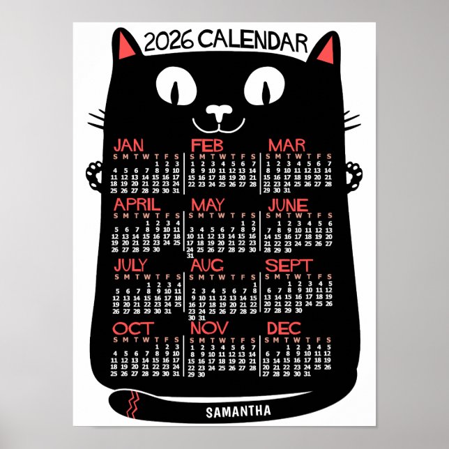 2026 Year Monthly Calendar Mid-Century Black Cat Poster (Vorne)