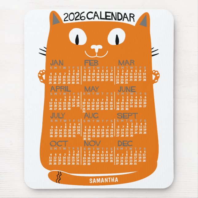 2026 Year Monthly Calendar Mid-Century Orange Cat Mousepad (Vorne)
