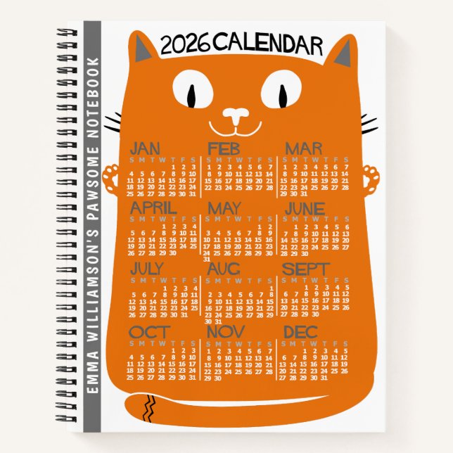 2026 Year Monthly Calendar Mid-Century Orange Cat Notizbuch (Vorderseite)