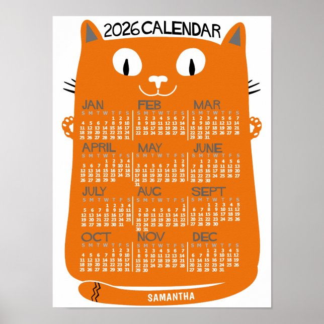 2026 Year Monthly Calendar Mid-Century Orange Cat Poster (Vorne)