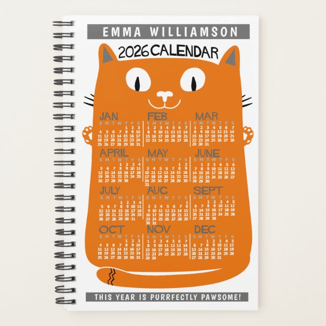 2026 Year Monthly Calendar Midcentury Orange Cat S Planer (Vorderseite)