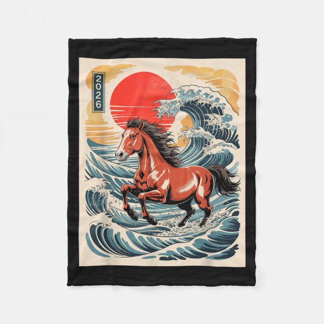 2026 Year Of The Horse Japanese Wave Art Lunar New Fleecedecke (Vorderseite)