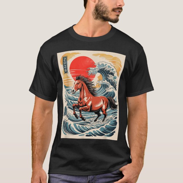 2026 Year Of The Horse Japanese Wave Art Lunar New T-Shirt (Vorderseite)