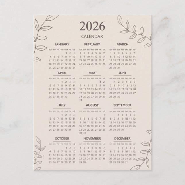 2026 Yearly Calendar Floral Line Art Minimalistisc Postkarte (Vorderseite)