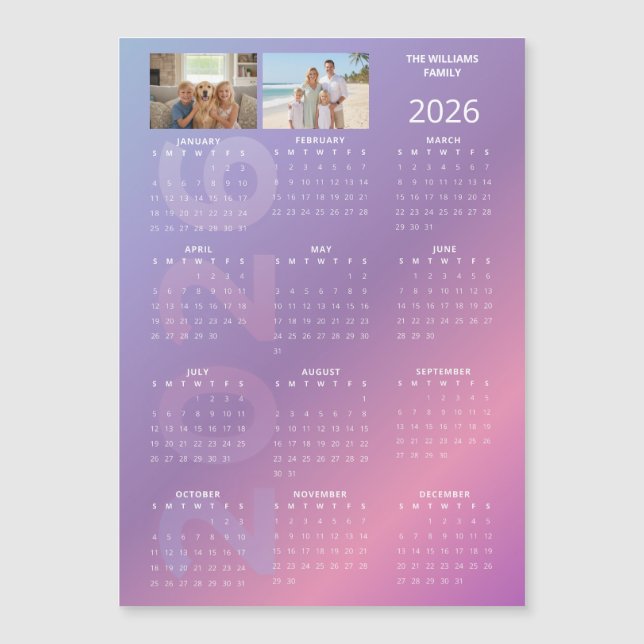 2026 Yearly Calendar Pink Blue Personalised Photo Magnetkarte (Vorderseite)