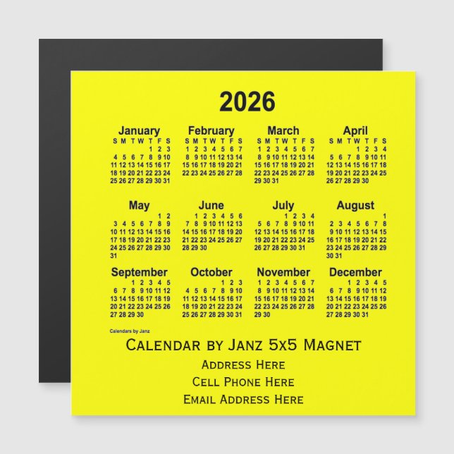 2026 Yellow Business Calendar von Janz Magnetkarte (Vorne/Hinten)
